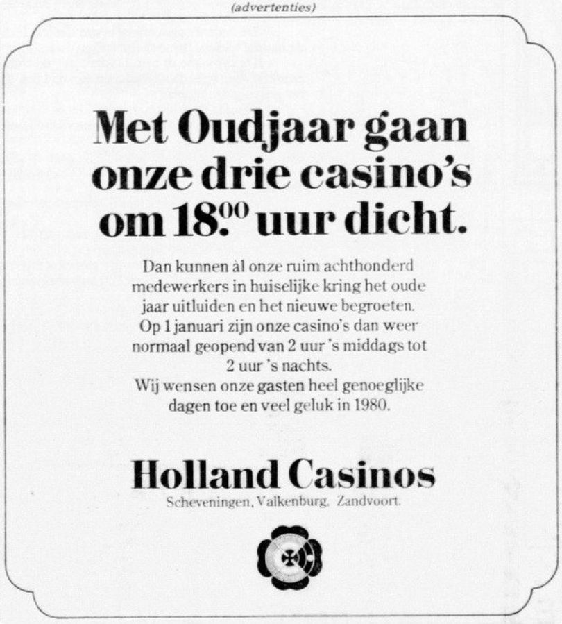 Holland Casino Oudejaarsdag gesloten advertentie