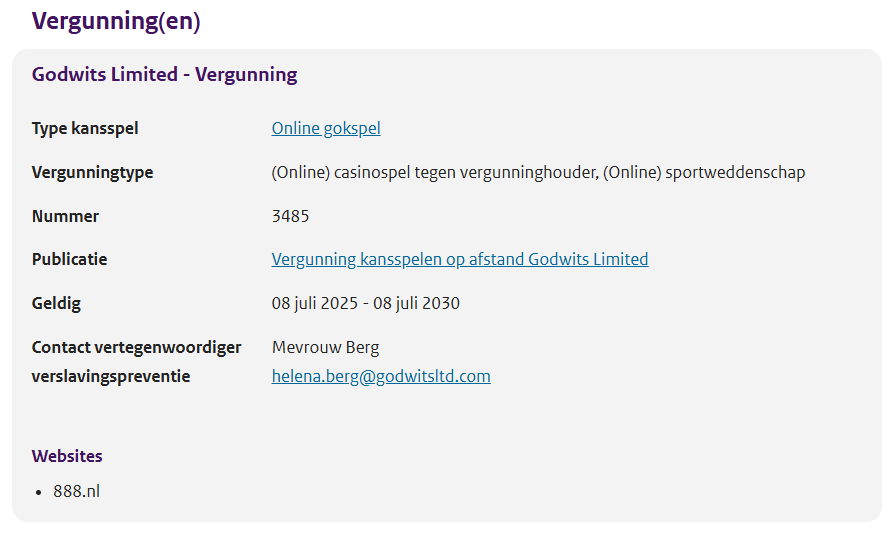 vergunning van 888 Nederland