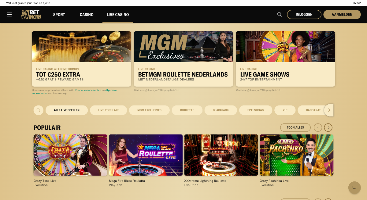 BetMGM screenshot juli 2024 - live casino