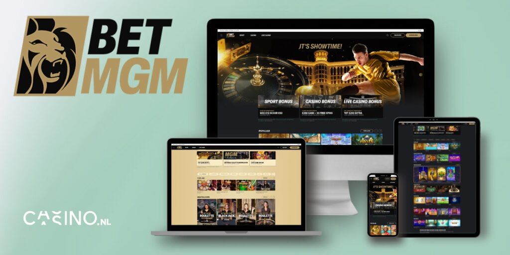 BetMGM Nederland online casino mockup homepage op desktop, laptop, mobiel en tablet
