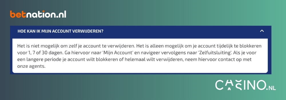screenshot van Betnation 'hoe kan ik mijn account verwijderen' FAQ