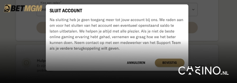 screenshot accout sluiten bij BetMGM